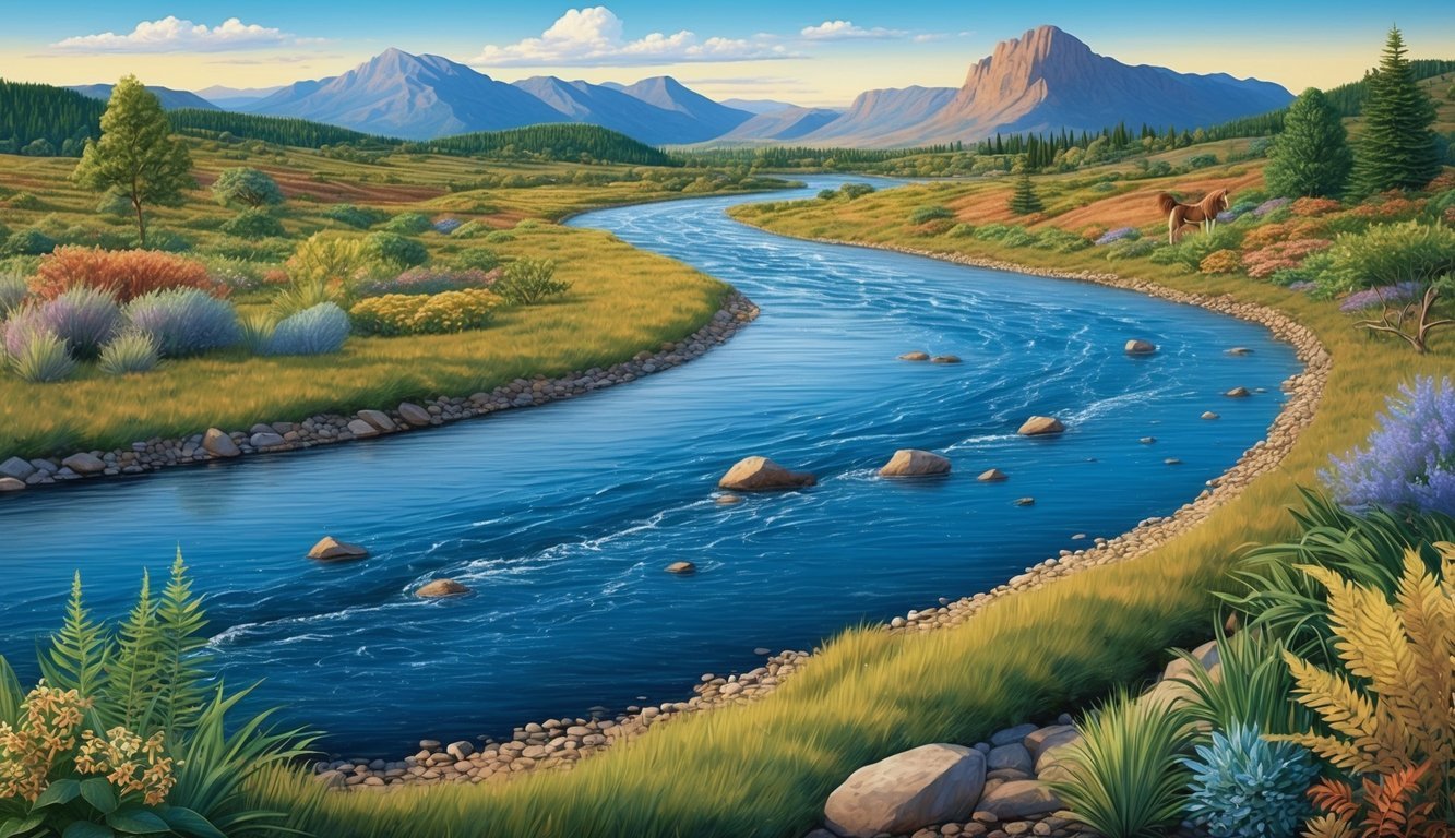 A river flowing through a diverse landscape, with mountains in the background and various flora and fauna along the banks