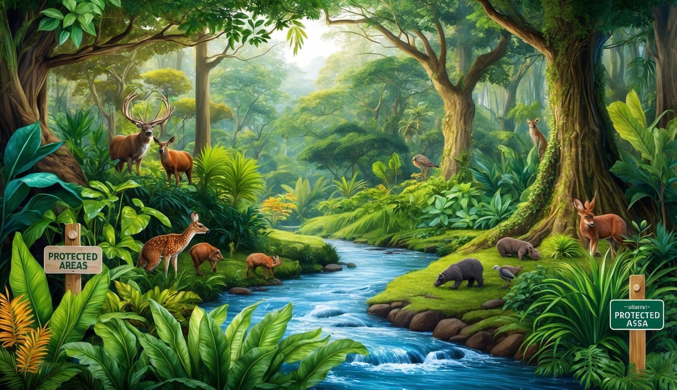 A lush forest with diverse plant and animal species, a flowing river, and signs indicating protected areas