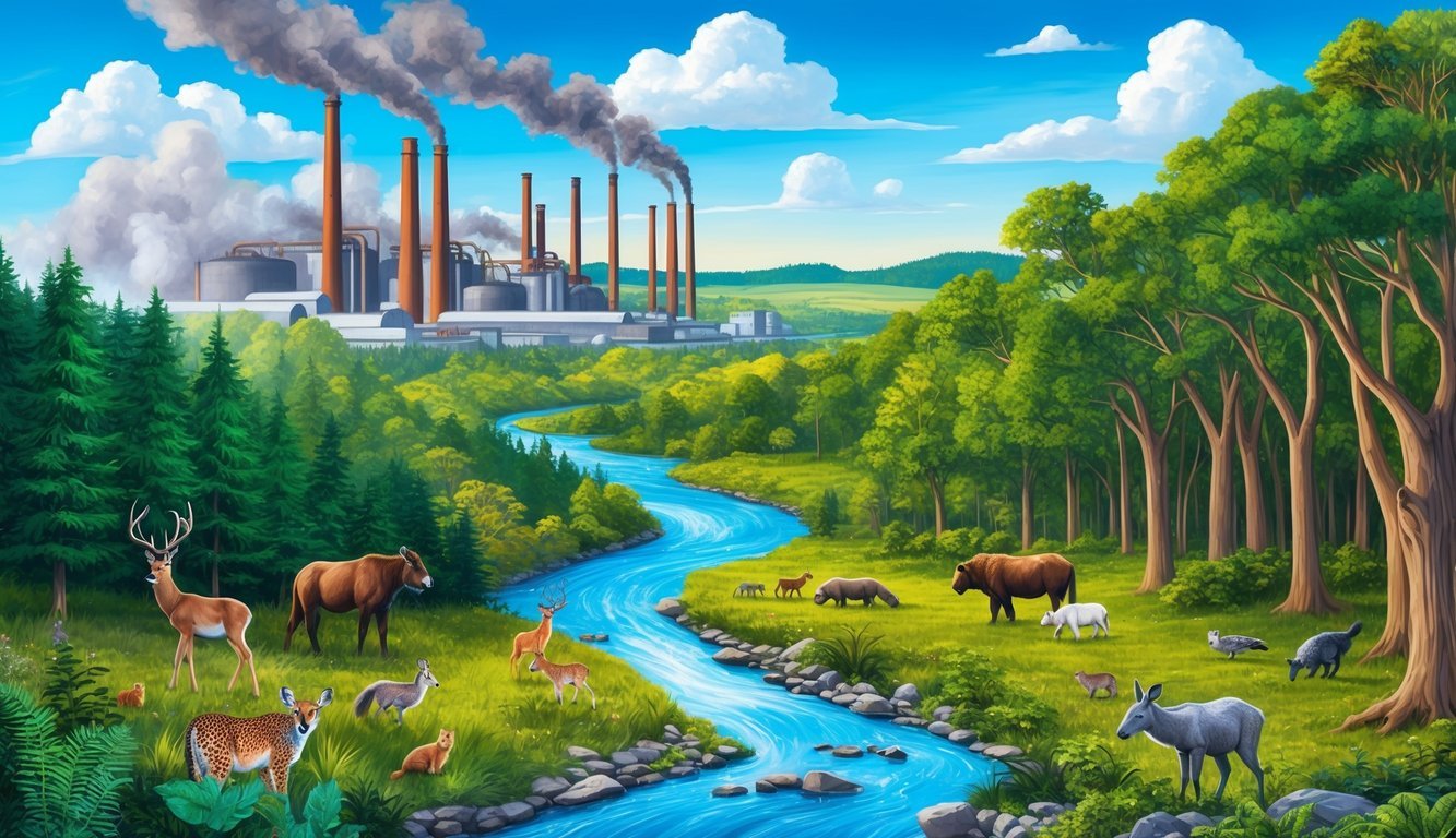 A lush forest with clear blue skies, a flowing river, and diverse wildlife, surrounded by factories with tall smokestacks emitting pollutants