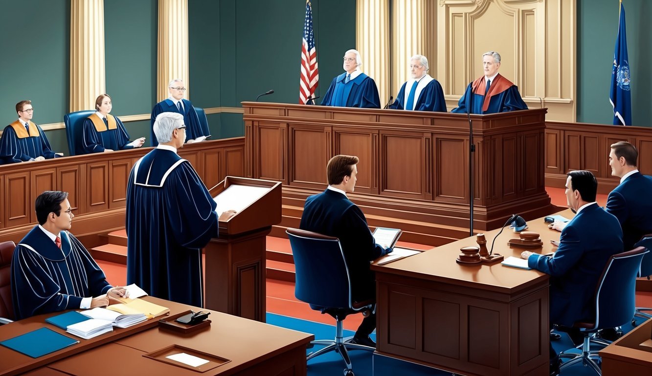 A courtroom with judges, lawyers, and a podium