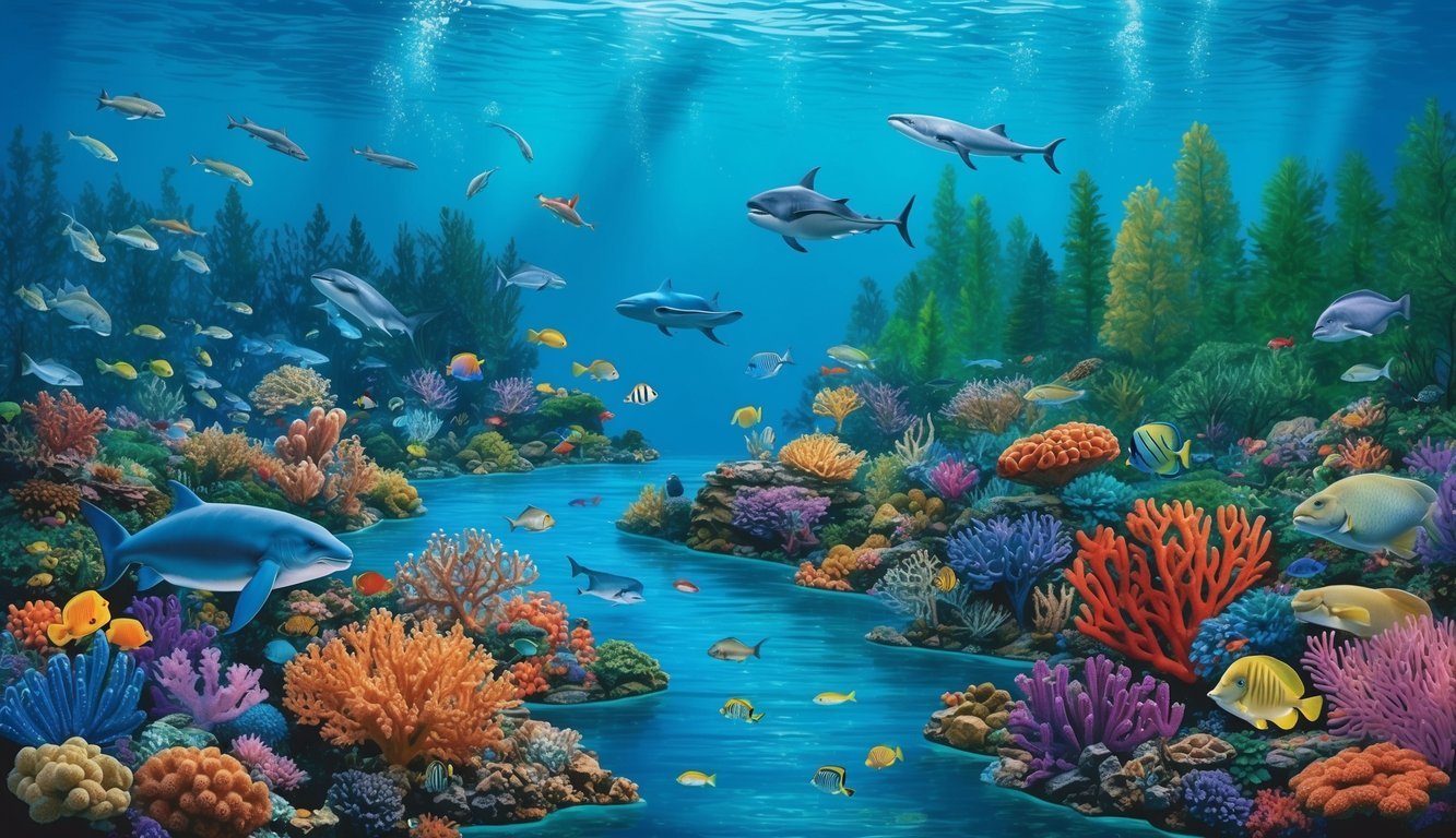 A serene underwater scene with diverse marine life, lush coral reefs, and clear freshwater streams flowing through a vibrant forest