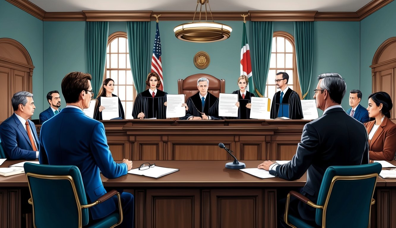 A courtroom scene with a judge, lawyers, and disputing parties presenting evidence and arguments regarding natural resources legal disputes