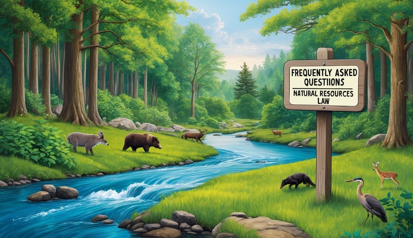 A serene forest with a flowing river, lush greenery, and various wildlife.</p><p>A signpost with "Frequently Asked Questions Natural Resources Law" stands at the entrance