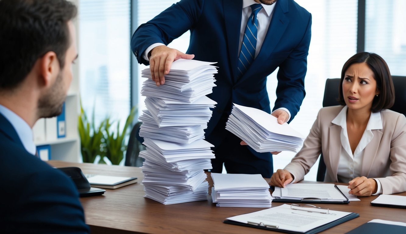 A lawyer dropping a stack of papers while a client looks on in frustration