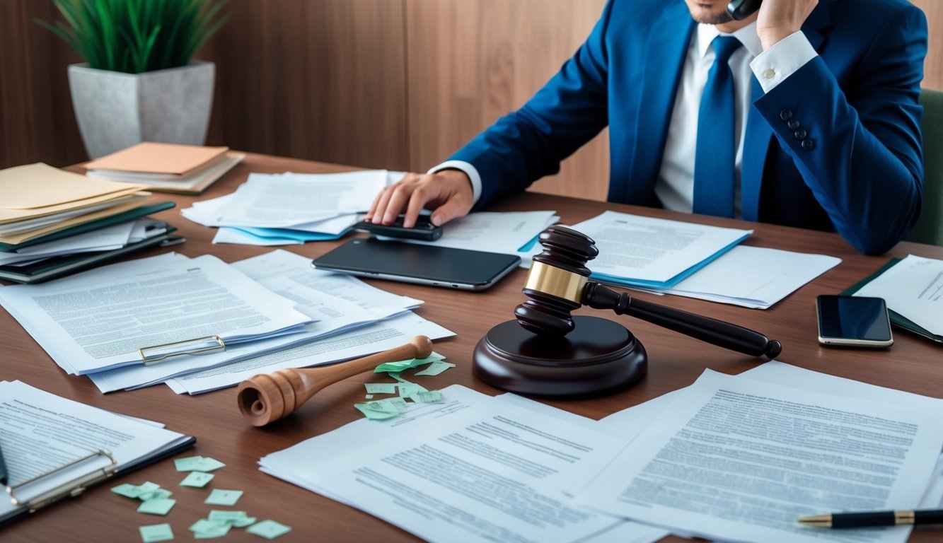 A cluttered desk with scattered legal documents, a broken gavel, and a distressed client on the phone