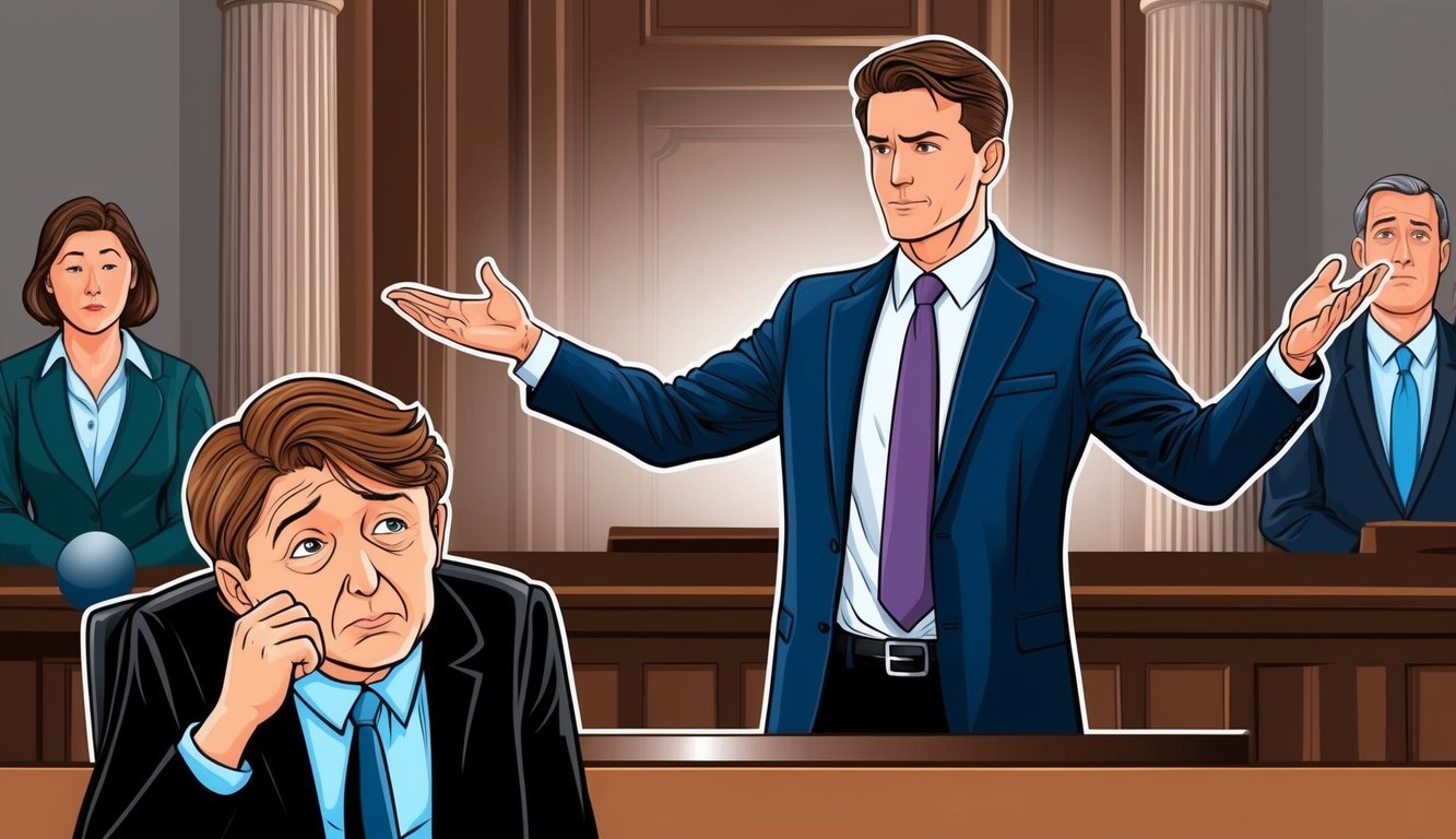 A lawyer in a courtroom, gesturing confidently while addressing the judge and jury.</p><p>The plaintiff's distressed expression indicates a legal malpractice claim