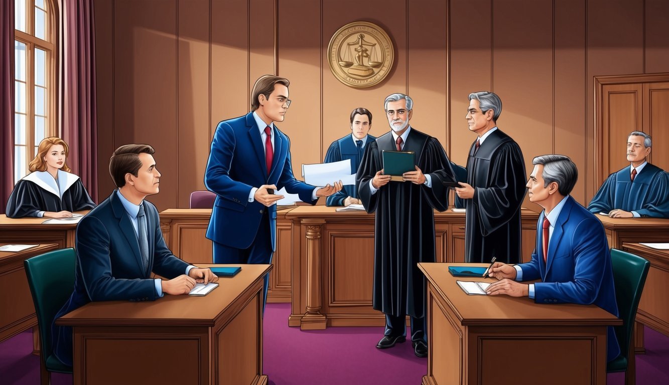 A courtroom scene with a lawyer presenting evidence to a judge and jury, while the plaintiff and defendant sit at their respective tables