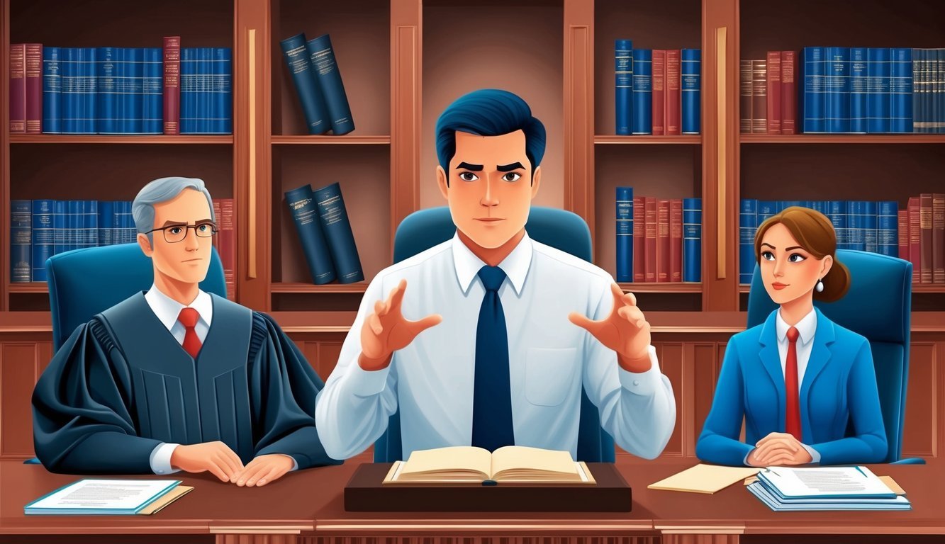 A lawyer in a courtroom, gesturing confidently while the judge listens intently, surrounded by shelves of legal books and documents