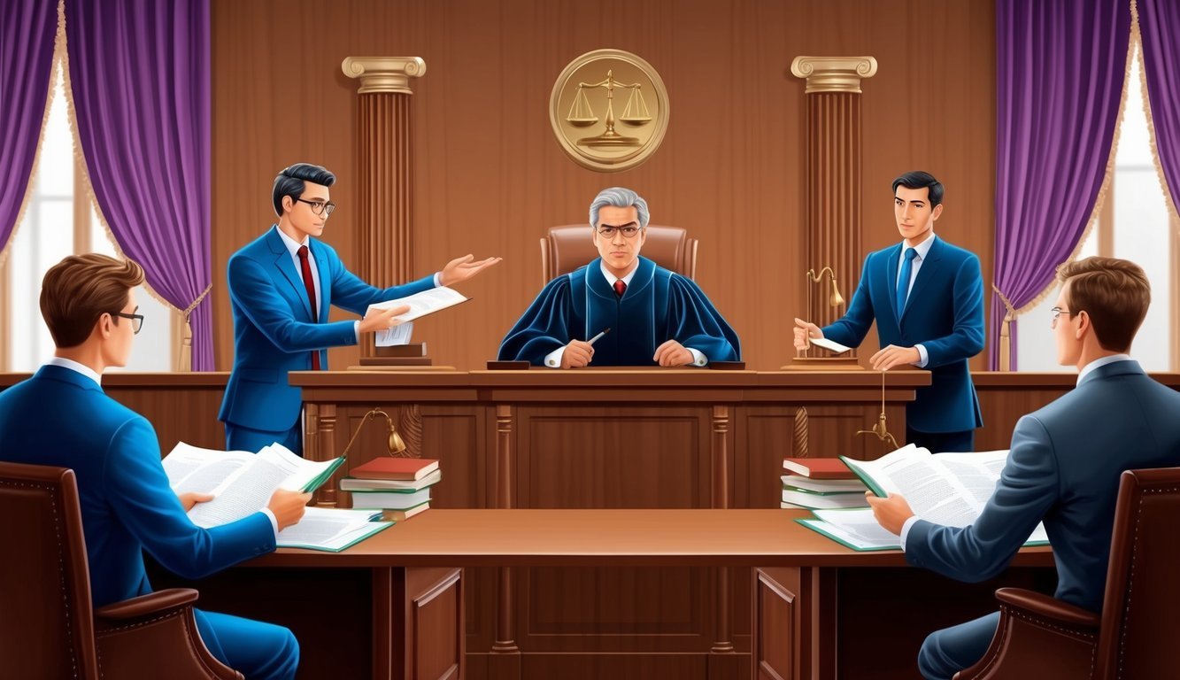 A courtroom with a judge presiding over a legal malpractice case, with lawyers presenting arguments and evidence to support their respective positions