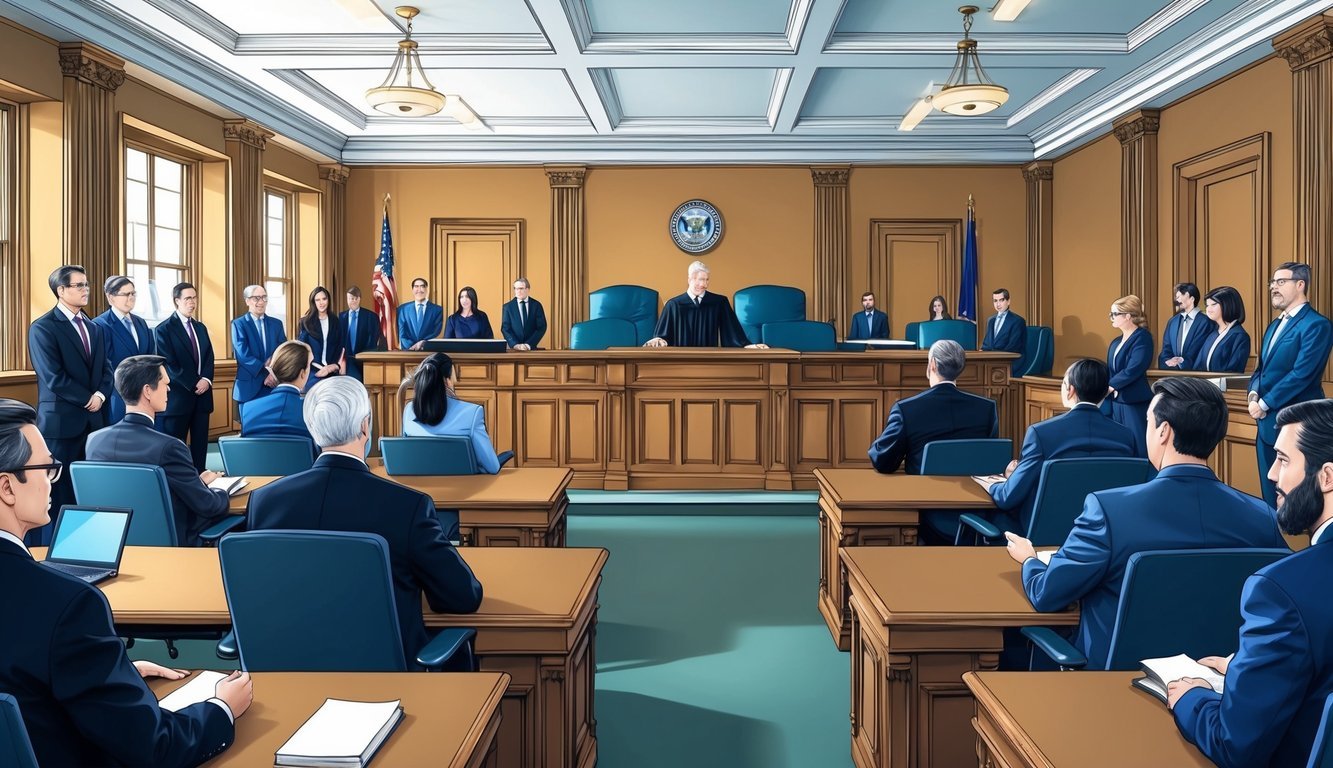 A courtroom with a judge's bench, witness stand, and legal counsel tables.</p><p>The room is filled with people in business attire, and a sense of tension and anticipation fills the air