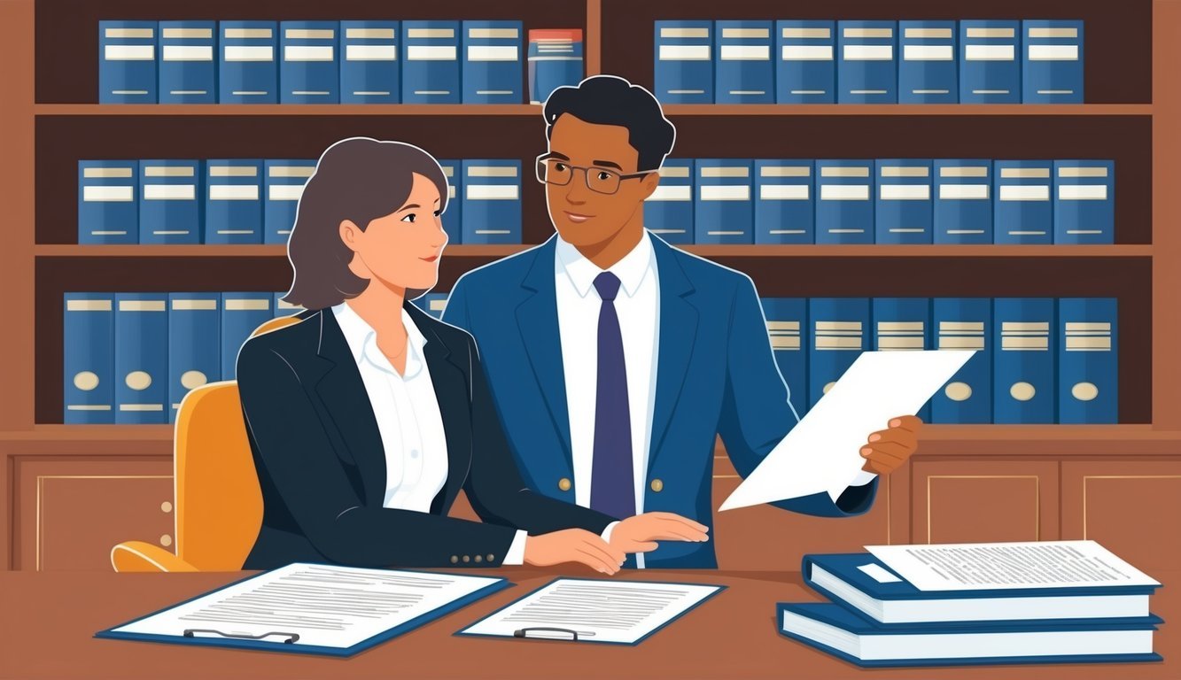 A lawyer consulting with a client in a law office, with legal documents and books on shelves in the background