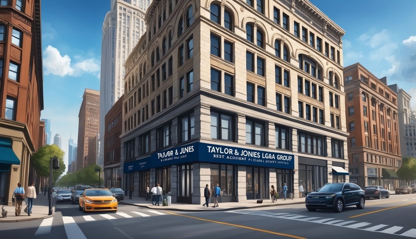 A bustling city street with a prominent building sign reading "Taylor & Jones Legal Group Best Accident and Injury Lawyers in Chicago."