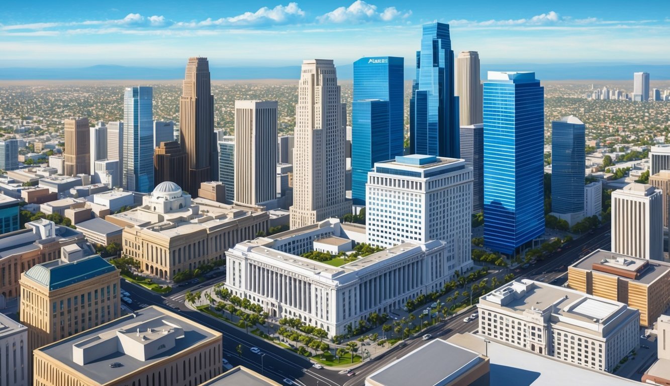 A bustling cityscape with iconic Los Angeles landmarks and a prominent law office building nestled among the skyscrapers