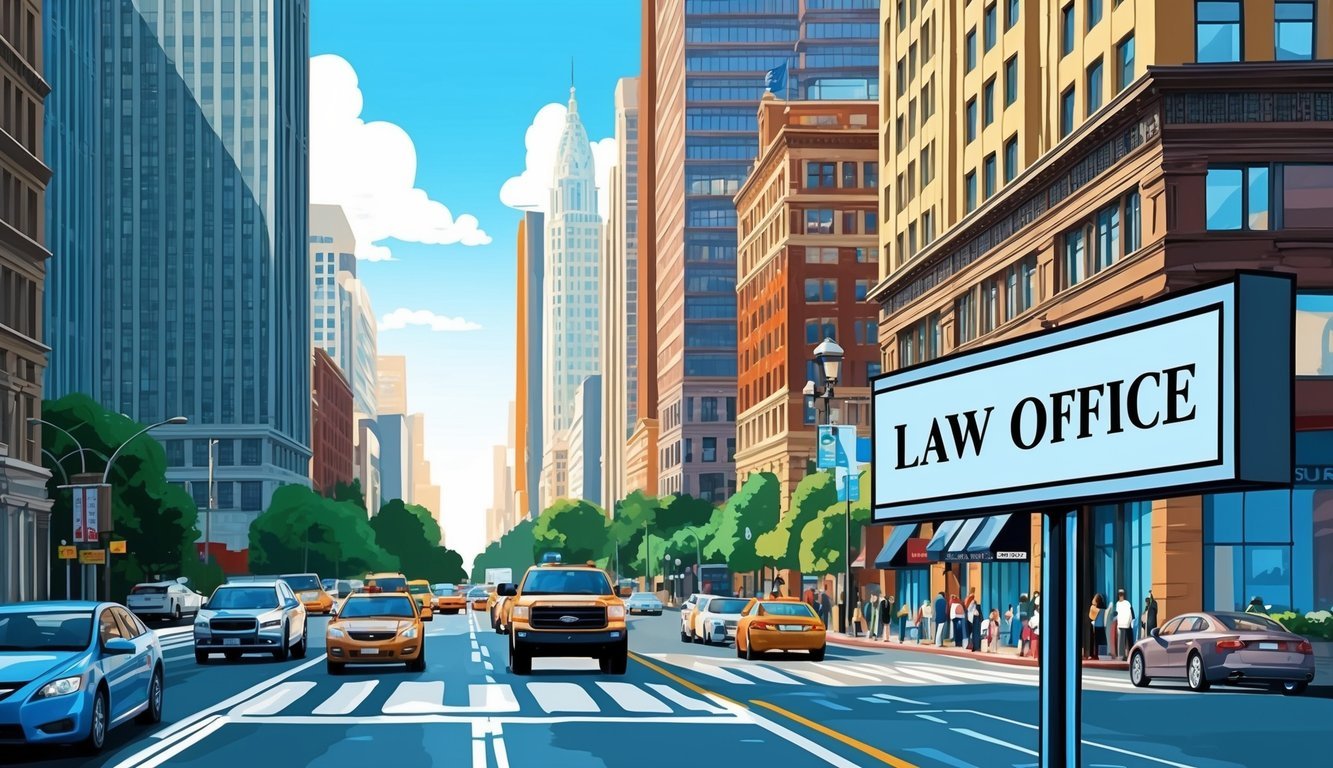 A bustling city street with tall buildings and traffic, a law office sign prominently displayed