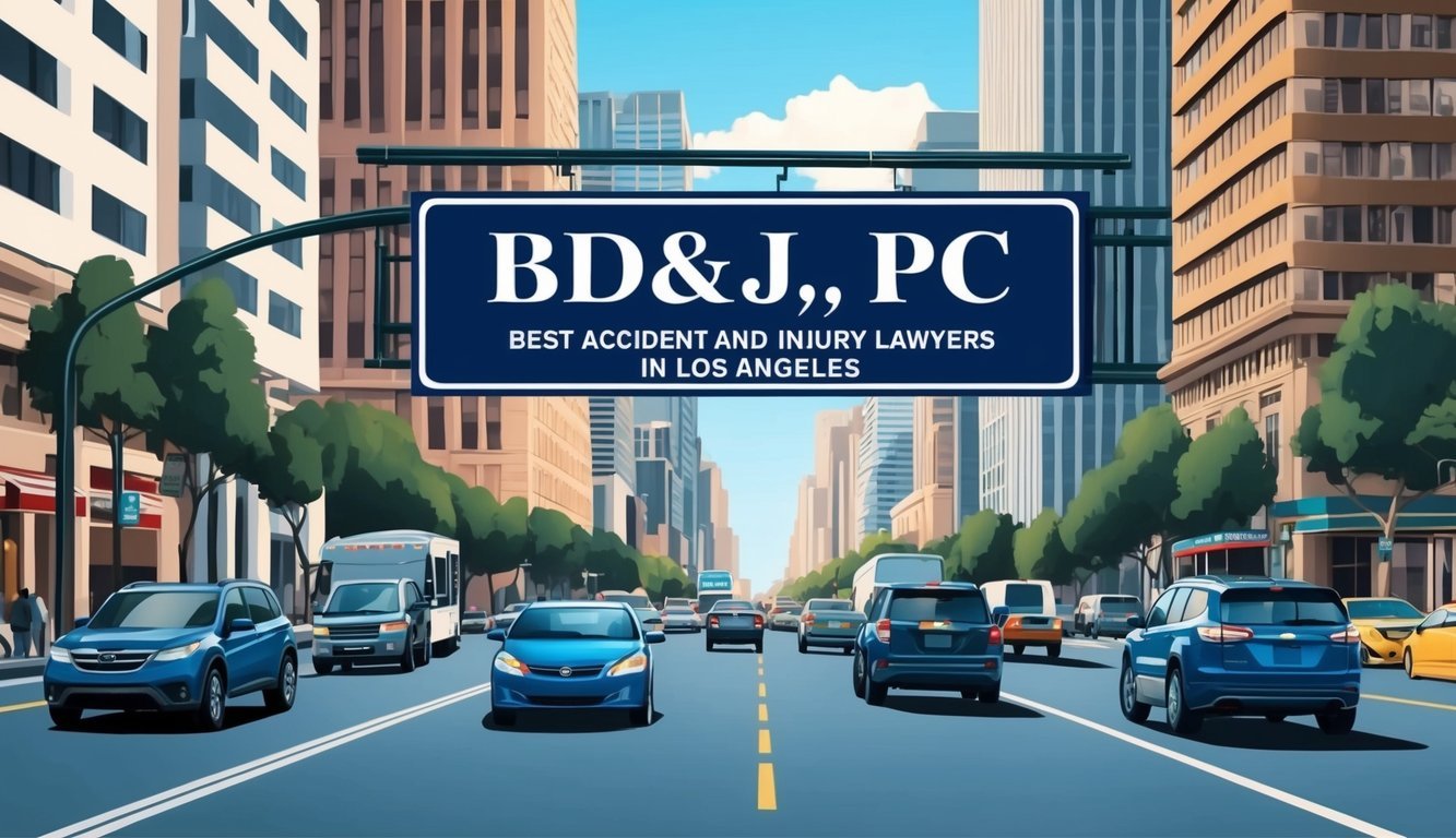 A bustling city street with a prominent sign for BD&J, PC Best Accident and Injury Lawyers in Los Angeles.</p><p>Tall buildings and busy traffic in the background