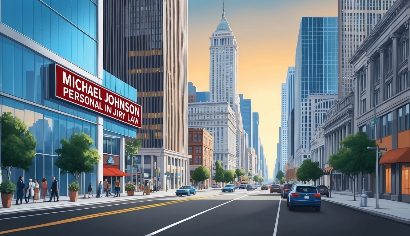 A bustling city street with skyscrapers and a prominent sign for Michael Johnson Personal Injury Law