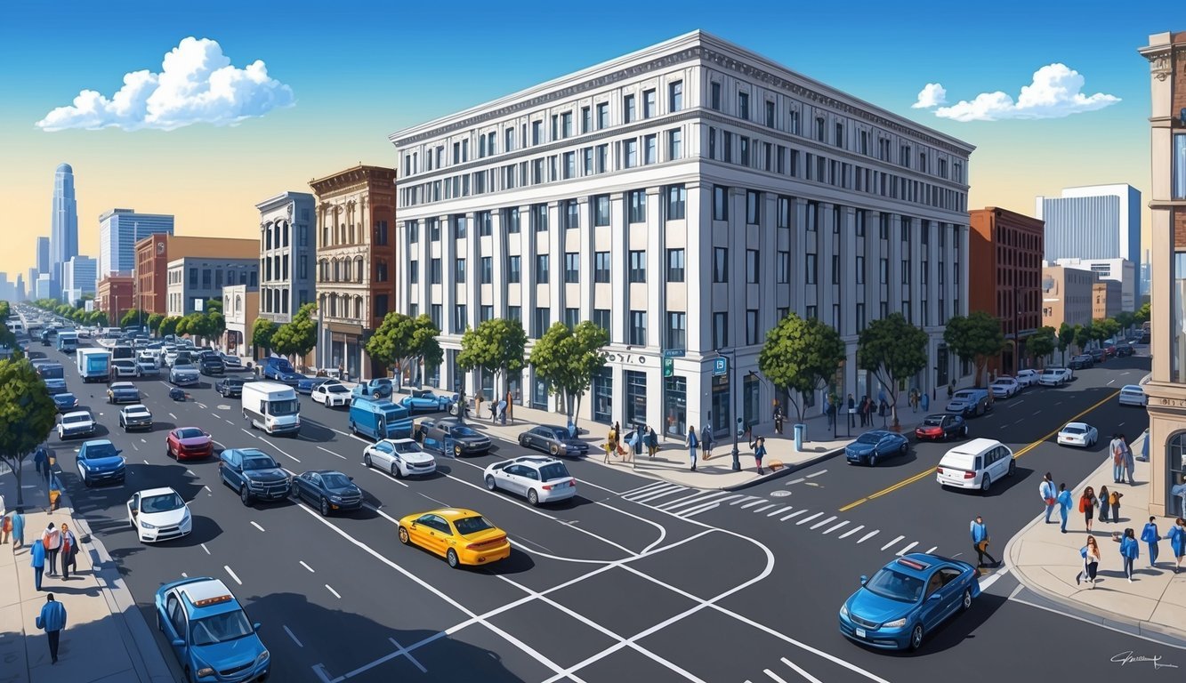 Busy Los Angeles street with a prominent law office building, surrounded by bustling traffic and pedestrians