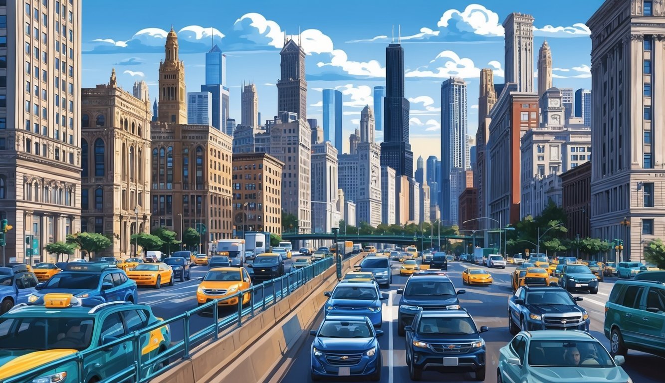 A busy Chicago cityscape with iconic buildings and traffic, showcasing the hustle and bustle of the city where Levin & Perconti are known as the best accident and injury lawyers