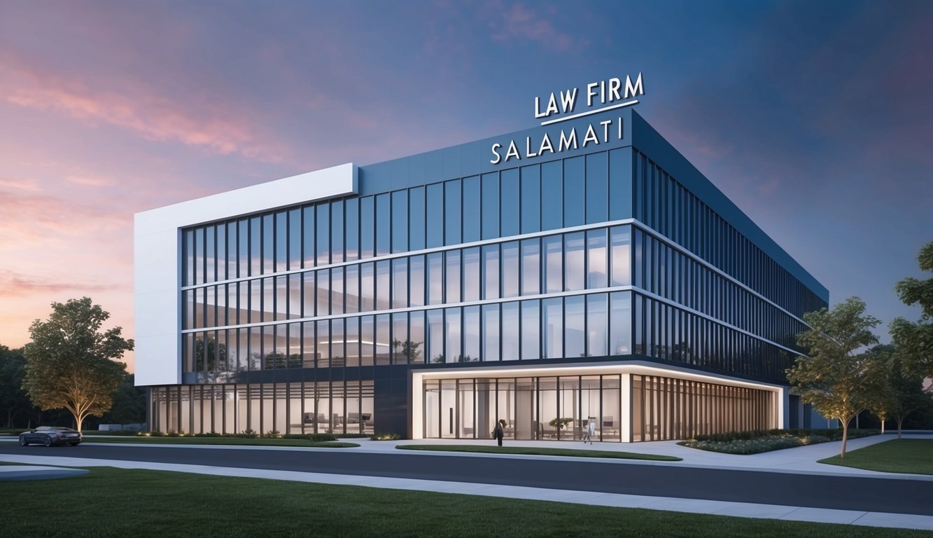 A sleek, modern office building with the Salamati Law Firm logo prominently displayed on the exterior