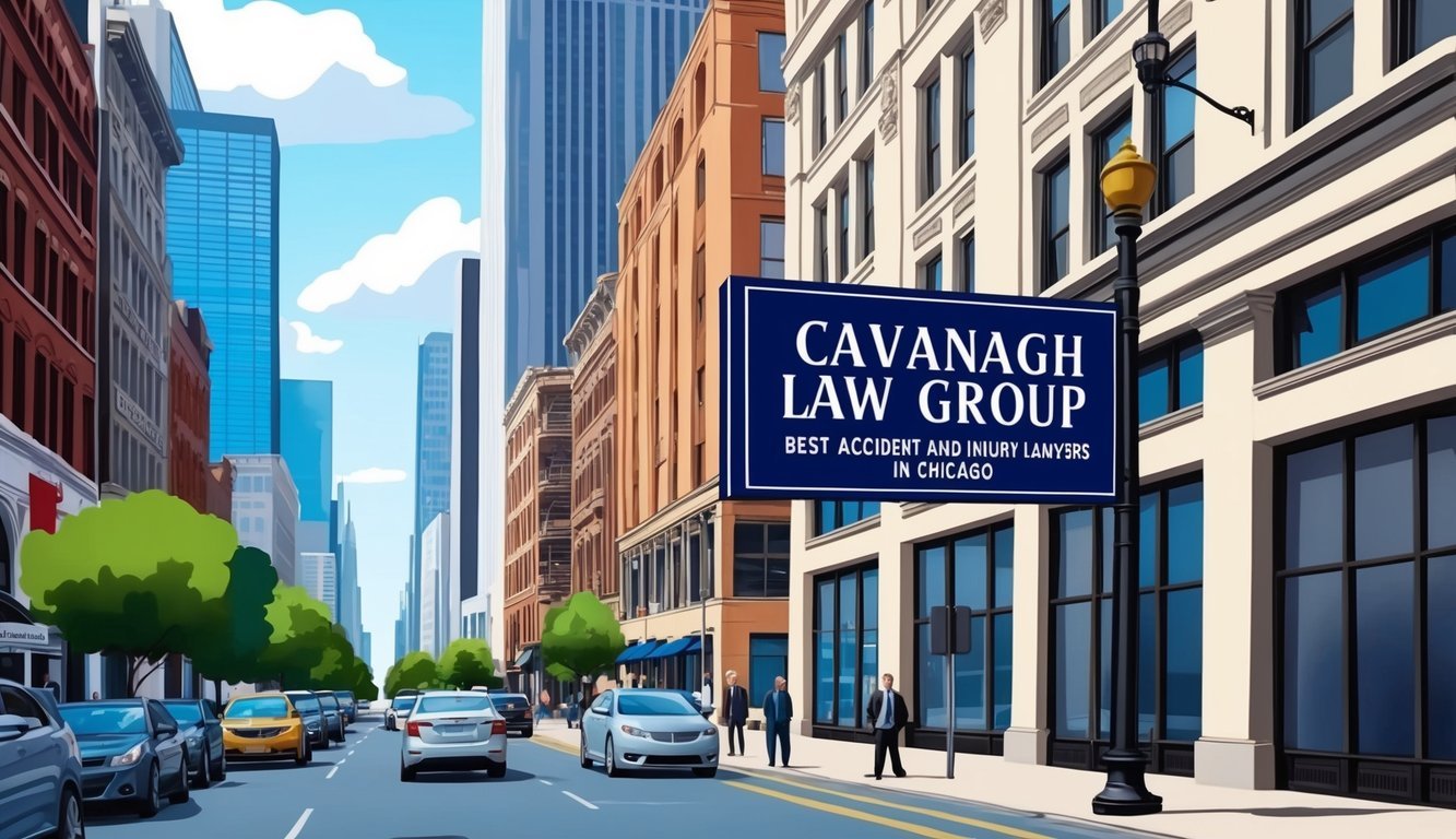 A bustling city street with a prominent building sign reading "Cavanagh Law Group - Best Accident and Injury Lawyers in Chicago."