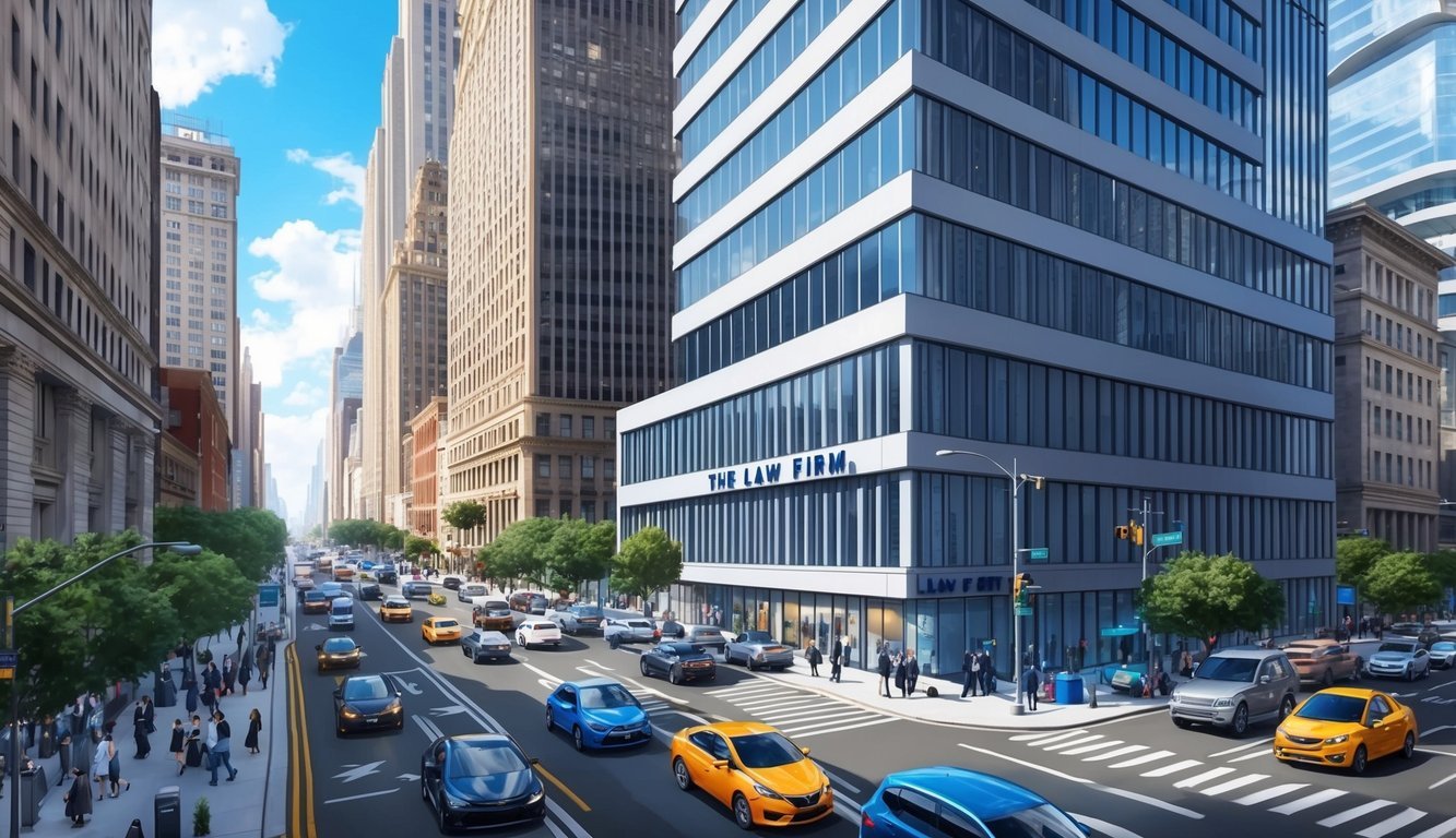 A bustling city street with tall buildings and busy traffic, with the law firm's sign prominently displayed on a sleek, modern office building