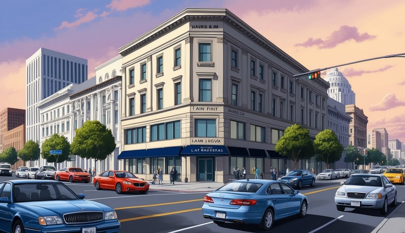 A busy Los Angeles street with cars and a prominent law firm building