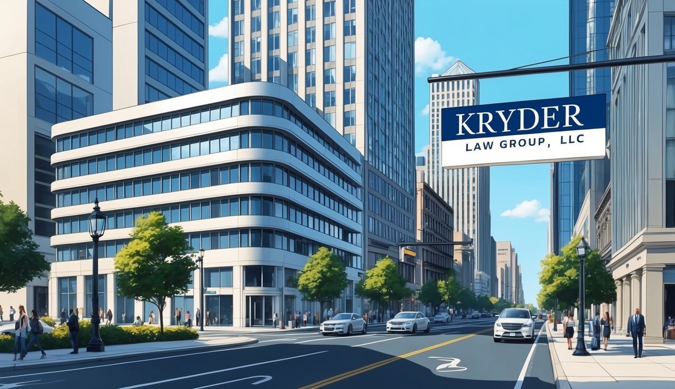 A bustling city street with tall buildings and a prominent sign for "Kryder Law Group, LLC" featuring sleek and modern architecture