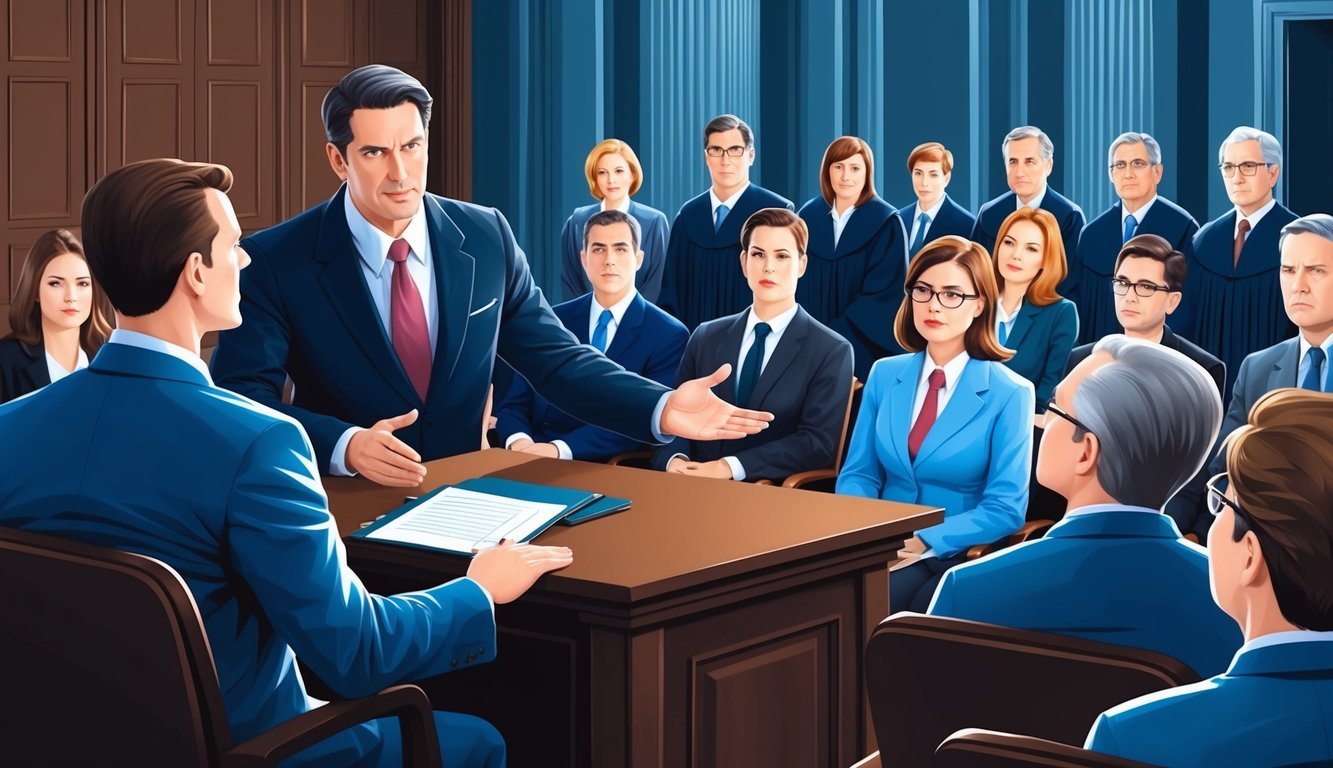 A courtroom scene with a lawyer presenting a compelling case to a jury.</p><p>The lawyer exudes confidence and expertise, commanding the attention of everyone in the room