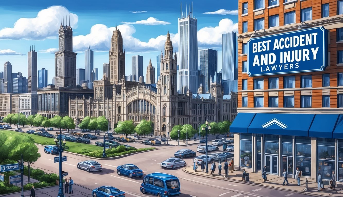 A bustling Chicago cityscape with iconic landmarks and busy streets, featuring a law office with a prominent sign for "Best Accident and Injury Lawyers."