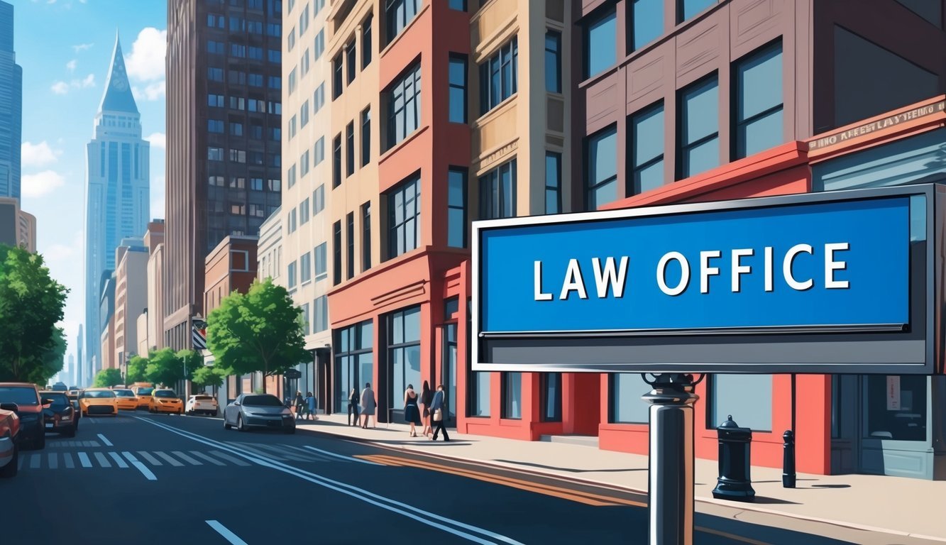 A busy city street with tall buildings in the background, featuring a sleek and professional law office sign