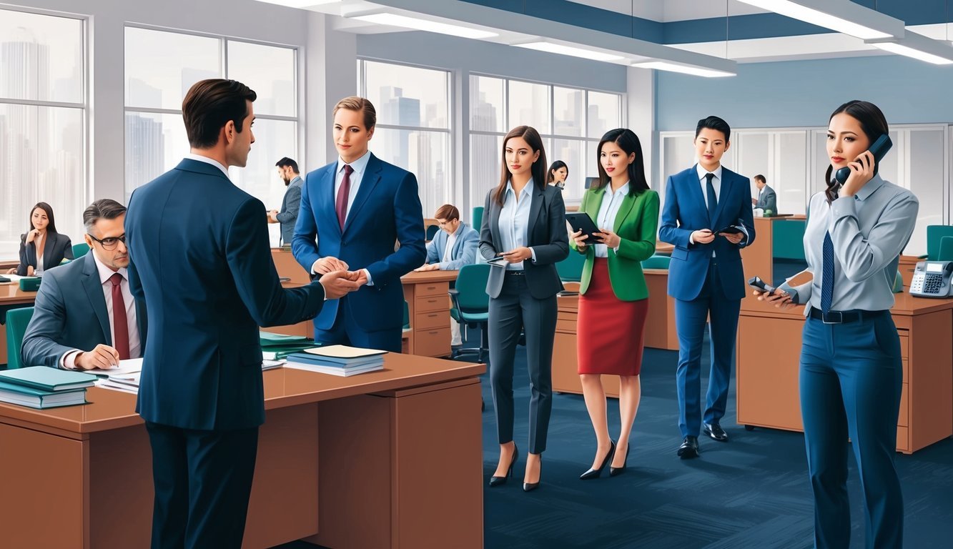 A group of people in a busy office, with a lawyer speaking to a client while others work at desks and answer phones