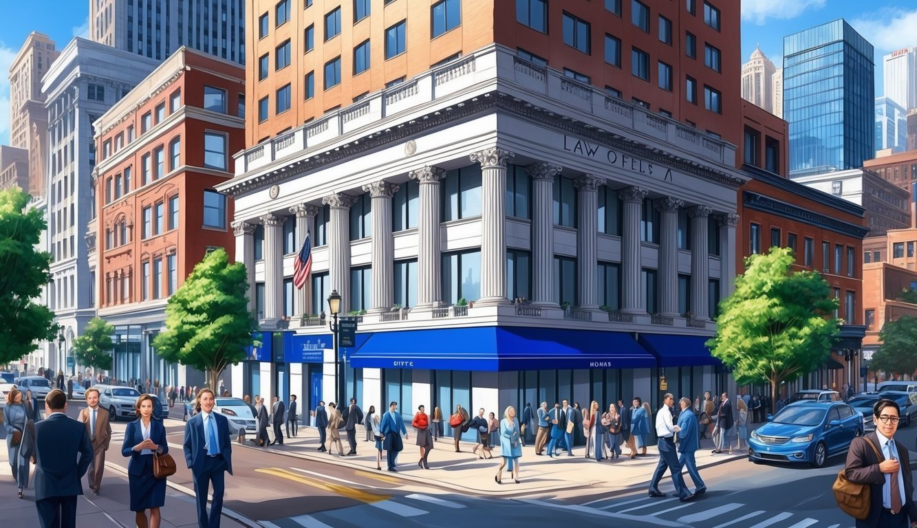 A bustling city street with a prominent law office building, surrounded by other businesses and busy pedestrians