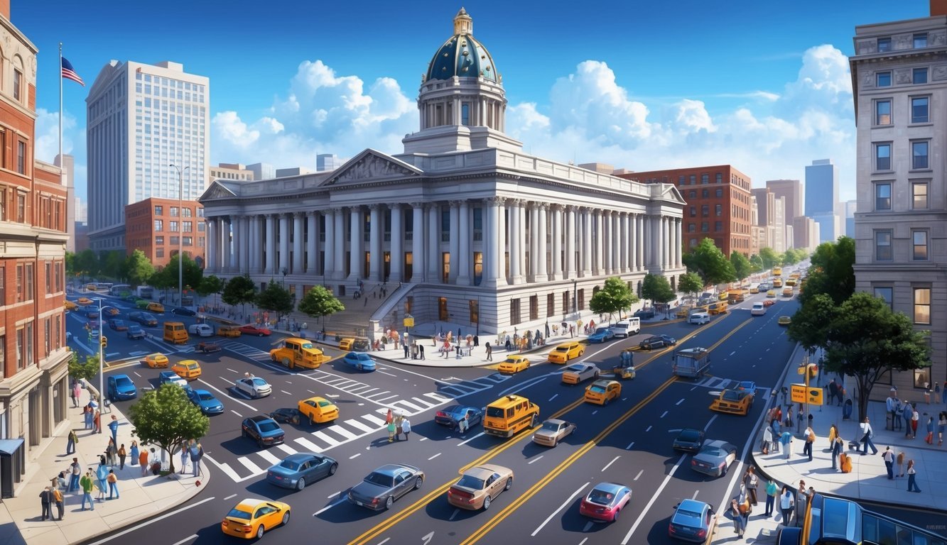 A busy city street with a grand courthouse building in the background, surrounded by bustling traffic and people