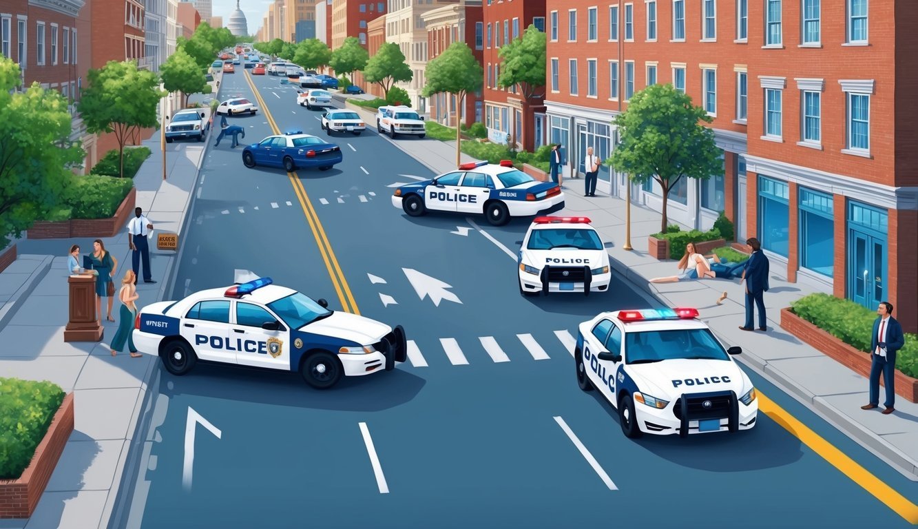 A busy Washington DC street with a traffic accident scene, police cars, and injured individuals seeking legal help