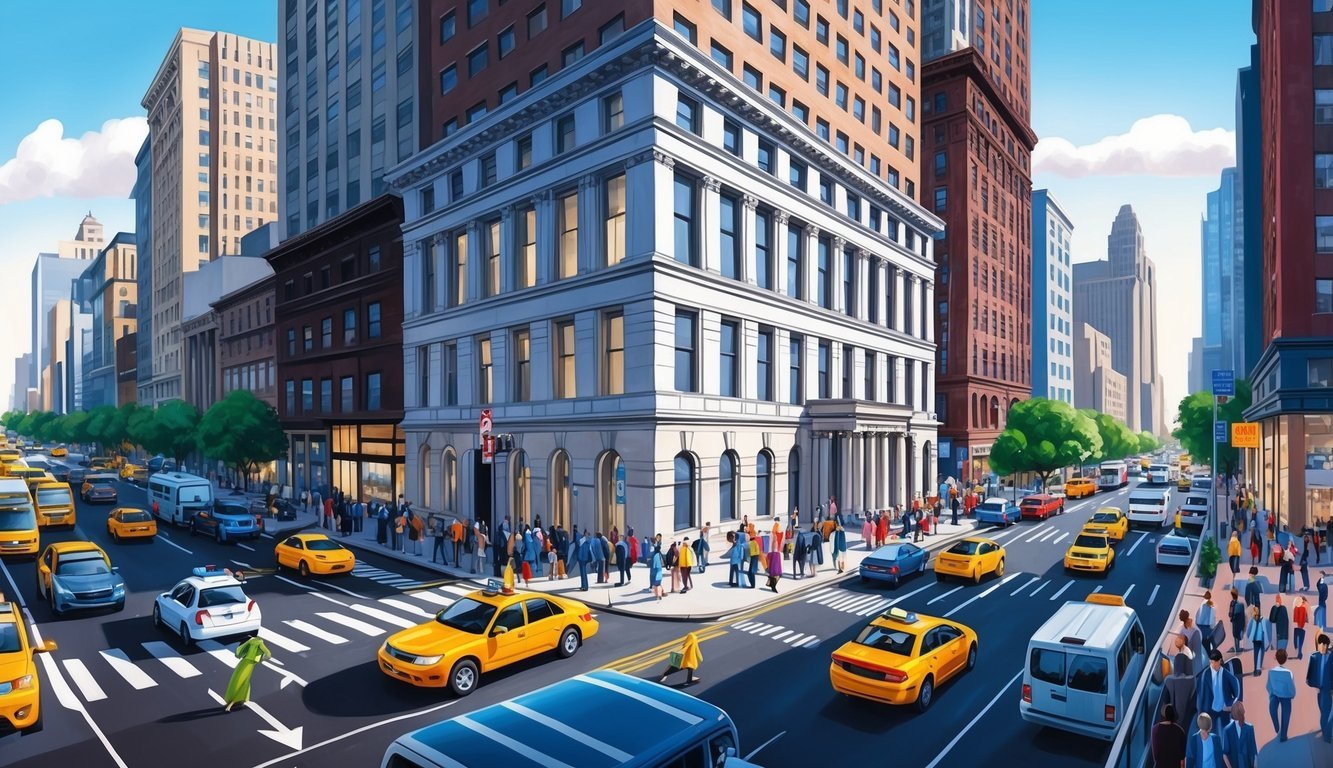 A busy city street with a prominent law office building, surrounded by bustling traffic and pedestrians