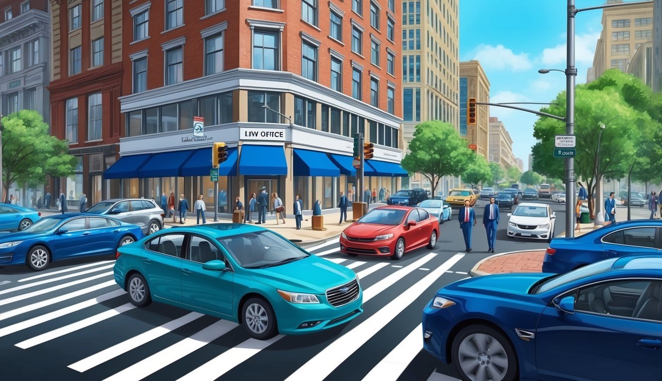 A busy city intersection with cars and pedestrians, a law office building with a prominent sign, and a sense of urgency and activity