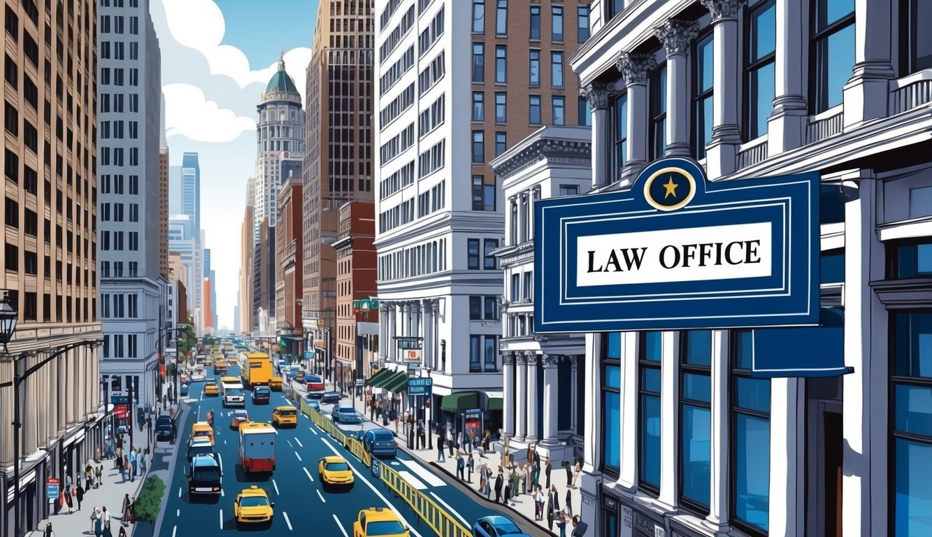 A busy city street with tall buildings and bustling traffic.</p><p>A law office sign prominently displayed on a building facade