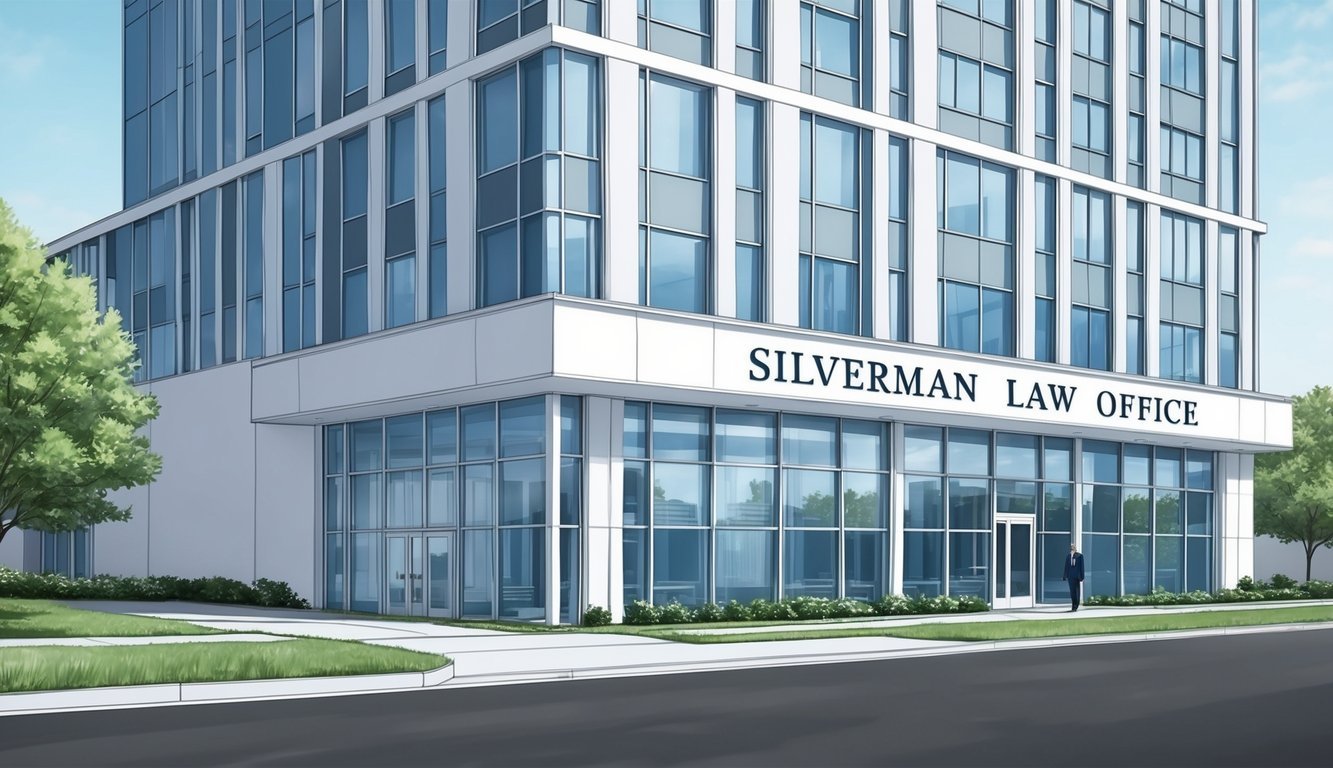 The exterior of Silverman Law Office in Washington DC, featuring a modern building with a sleek design and professional signage