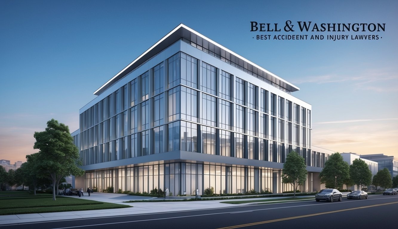 A sleek and modern law office building in Washington DC, with a prominent sign reading "Bell & Washington Lawyers - Best Accident and Injury Lawyers."