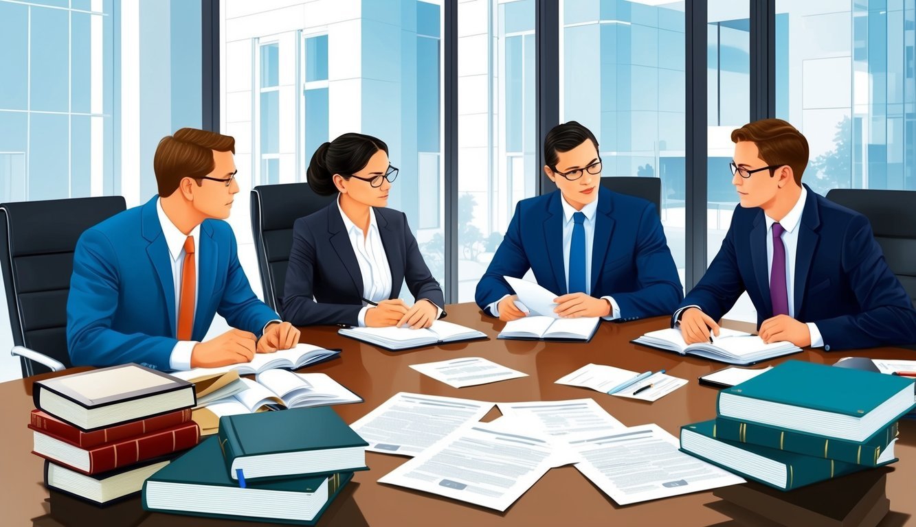 A group of professional lawyers discussing cases in a modern office setting with law books and legal documents scattered on the table