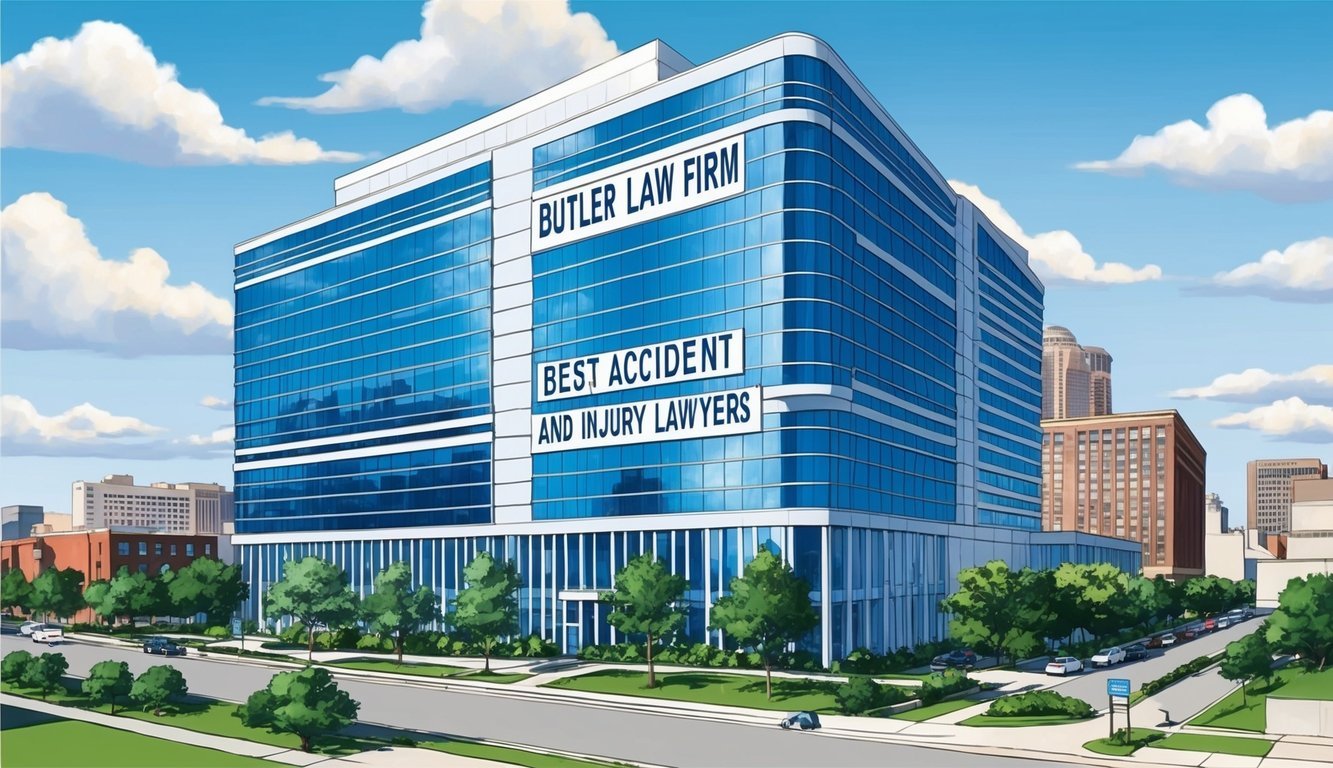 A sleek office building in downtown Atlanta with a prominent sign reading "Butler Law Firm - Best Accident and Injury Lawyers" displayed prominently