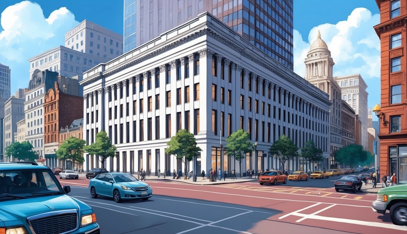 A bustling city street with a prominent law office building and traffic passing by