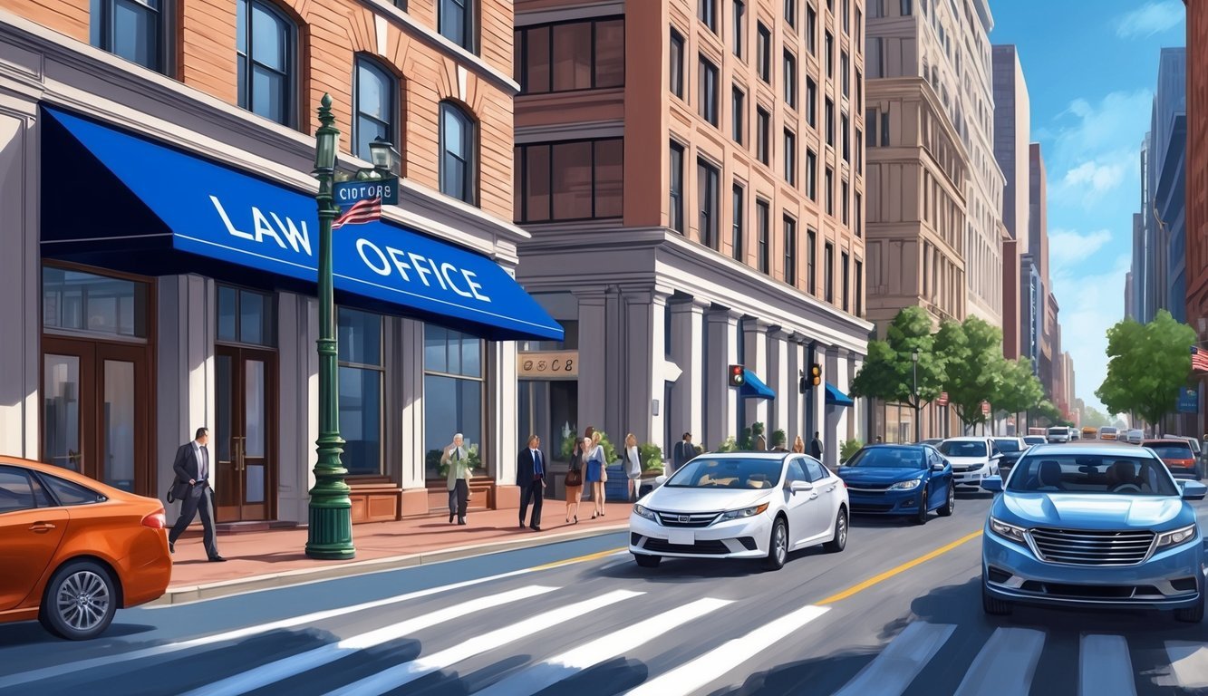 A bustling city street with a prominent law office sign and traffic passing by