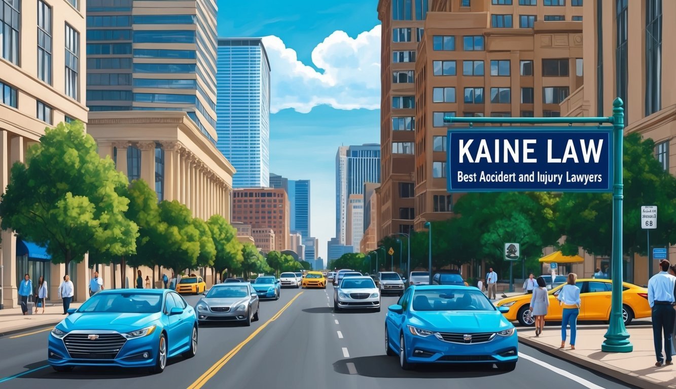 Busy Atlanta street with cars and pedestrians, tall office buildings in the background, and a prominent sign for "Kaine Law Best Accident and Injury Lawyers."