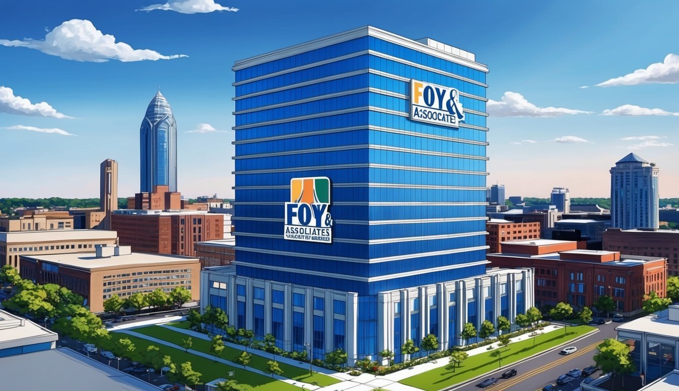 A sleek office building in downtown Atlanta with the Foy & Associates logo prominently displayed