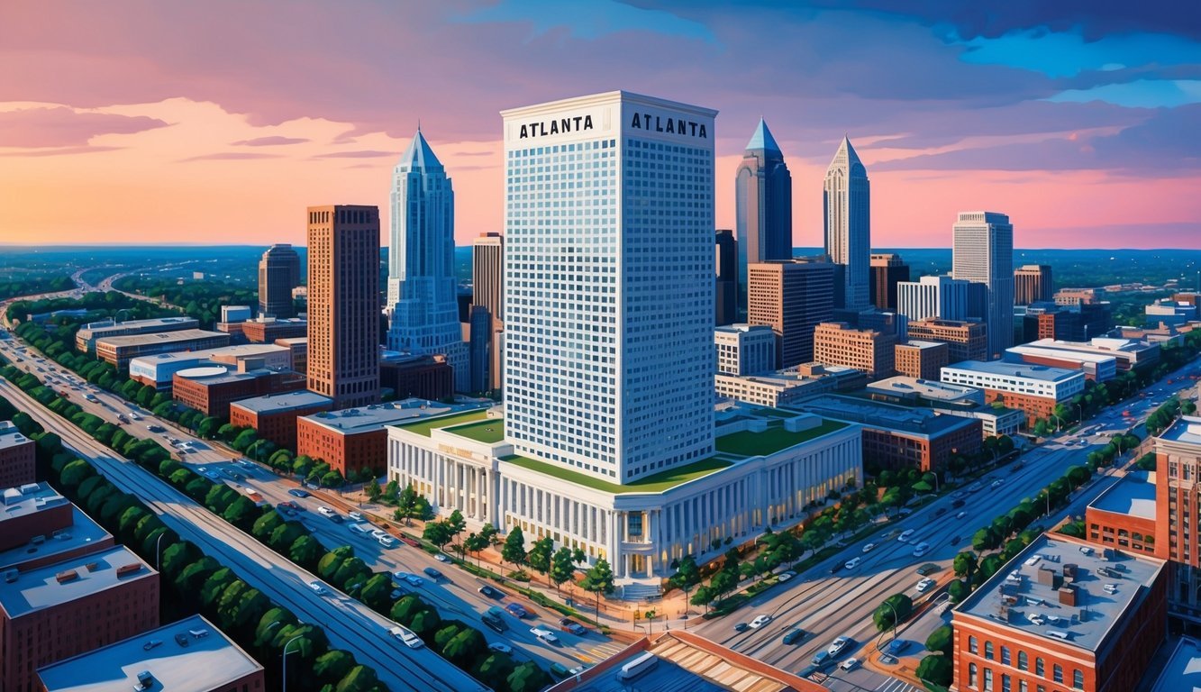 The Atlanta skyline with a prominent law office building, surrounded by bustling city streets and traffic