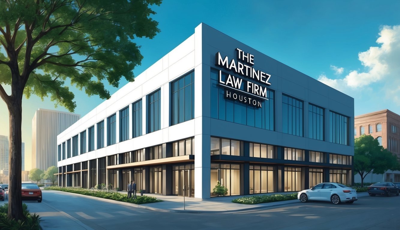 A modern office building with a sleek exterior and prominent signage for "The Martinez Law Firm" in downtown Houston