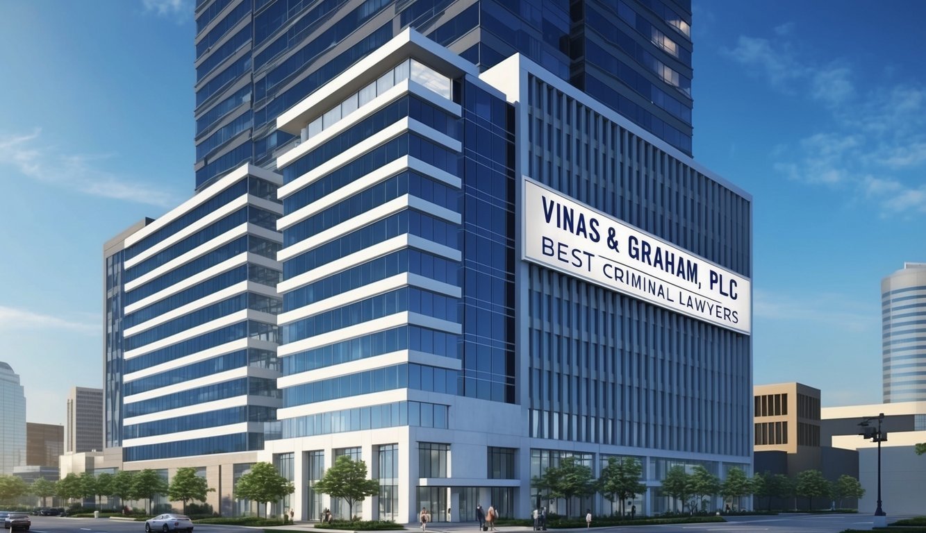 A modern office building in downtown Houston with a prominent sign for "Vinas & Graham, PLLC Best Criminal Lawyers" displayed prominently