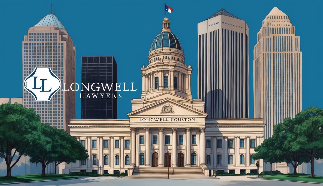 A grand courthouse in Houston, surrounded by towering skyscrapers, with the Longwell Lawyers logo prominently displayed