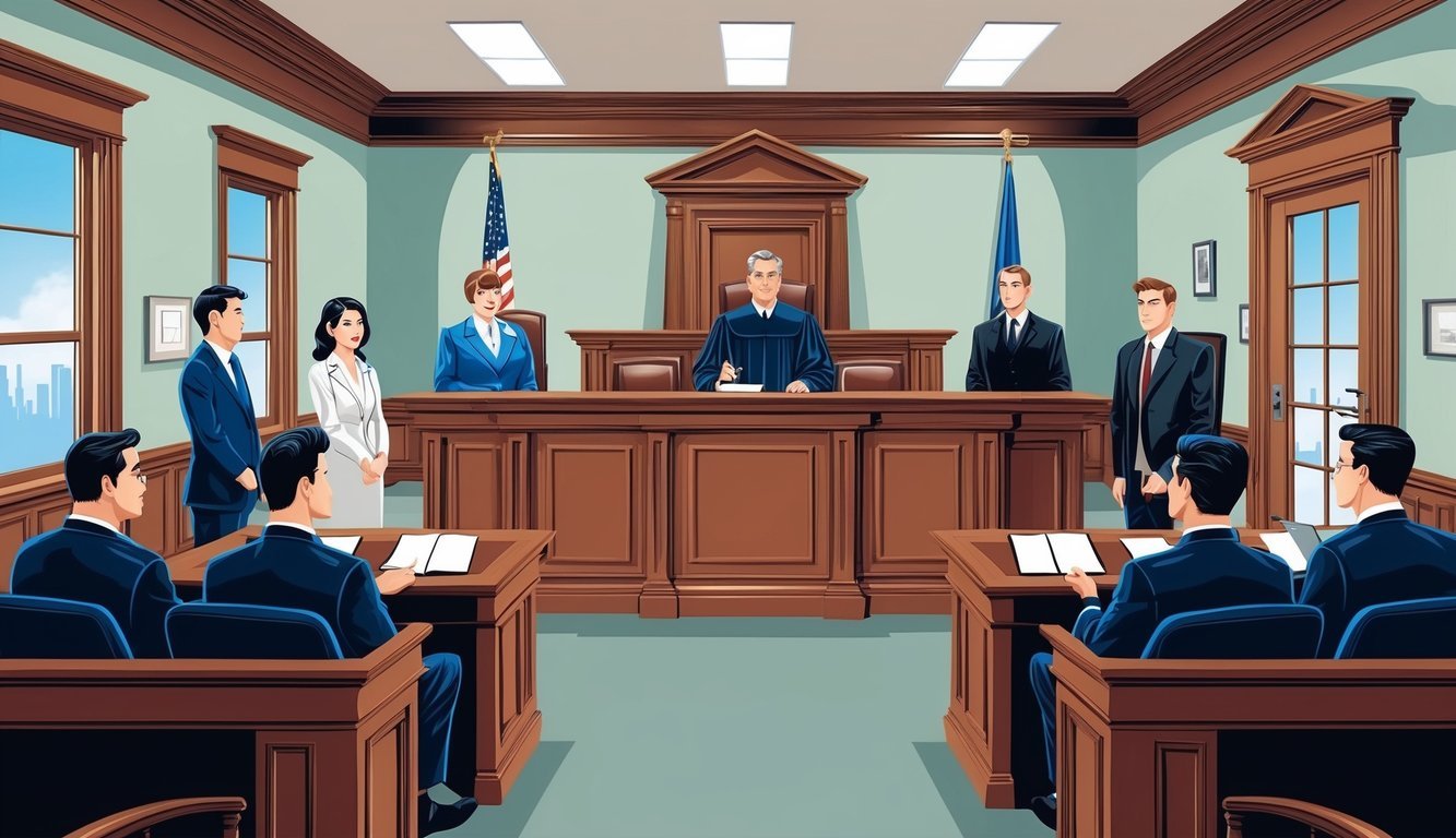 A courtroom with a judge's bench, witness stand, and jury box.</p><p>The room is filled with lawyers, clients, and onlookers